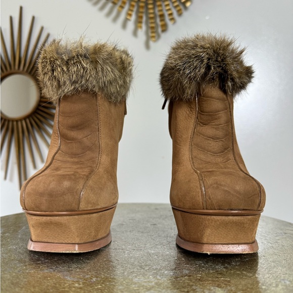 YSL - Tan Tribute Suede Booties w/ Fur Cuffs - Picture 7 of 15